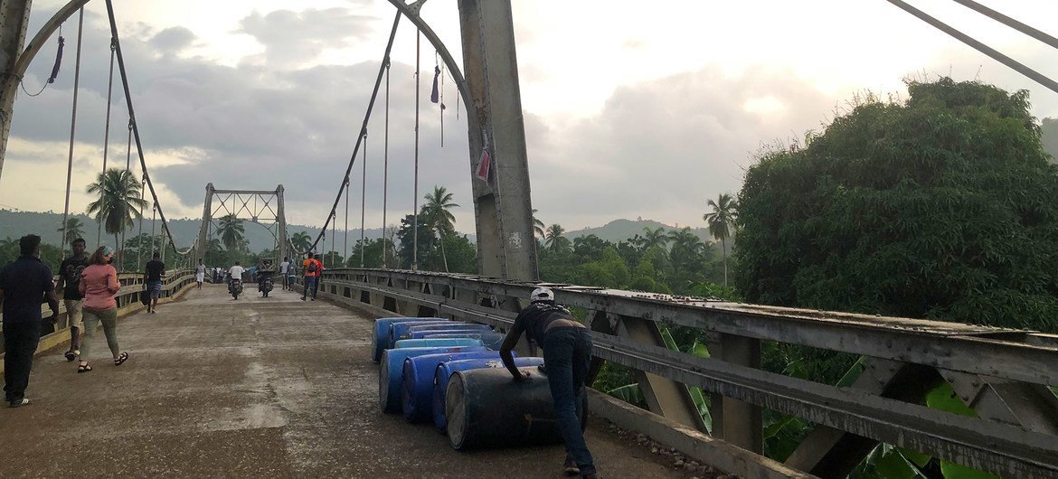 The bridge into Jérémie is closed to vehicles after it was damaged in the earthquake. The bridge into Jérémie is closed to vehicles after it was damaged in the earthquake.