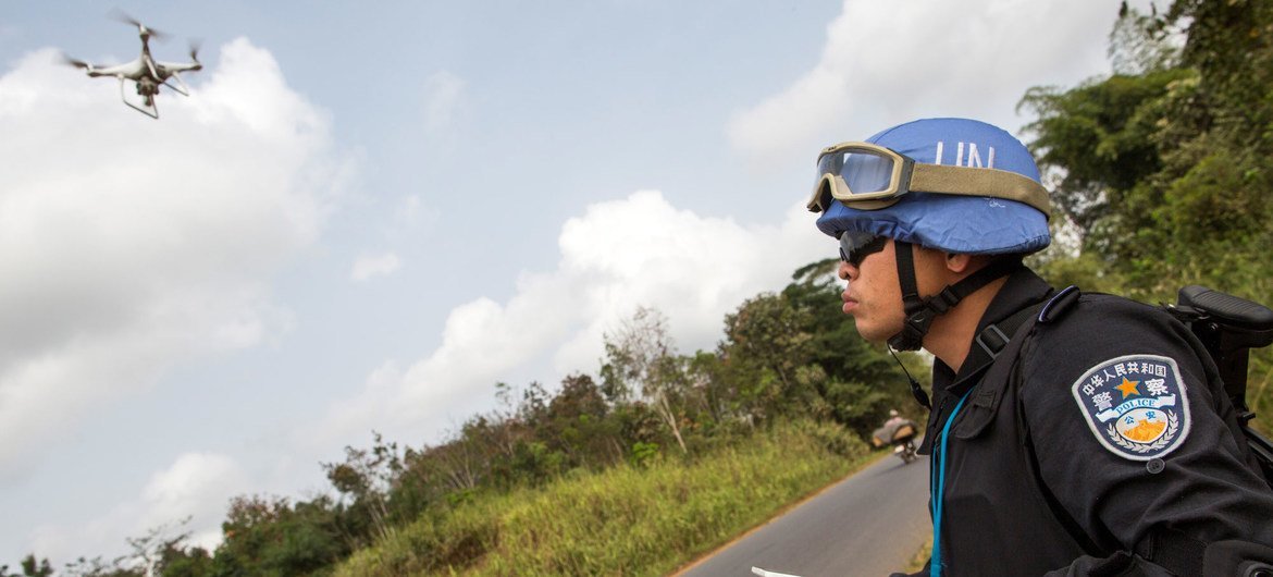 A Chinese UN peacekeeper operates a video drone during a patrol in Liberia. (file) A Chinese UN peacekeeper operates a video drone during a patrol in Liberia. (file)