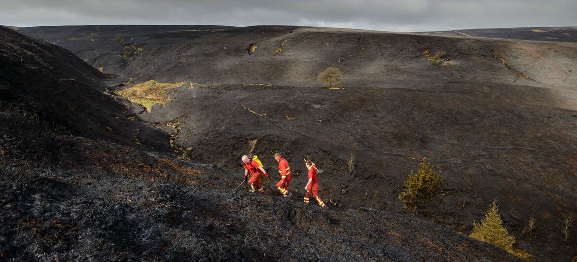 Three firefighters in red gear walk across a blackened, scorched moorland under a grey, overcast sky.