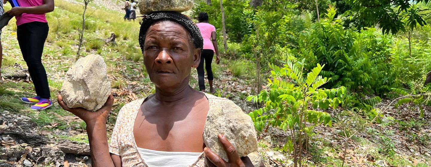 A woman brings stones to build flood-defence barriers. A woman brings stones to build flood-defence barriers.