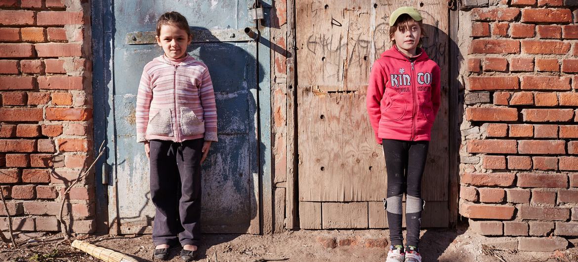 Two girls stand in the schoolyard in Sloviansk, Ukraine.  (file)