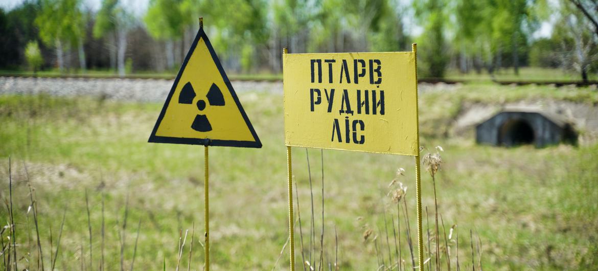 A sign warning of the risk of radiation in Chernobyl, Ukraine.