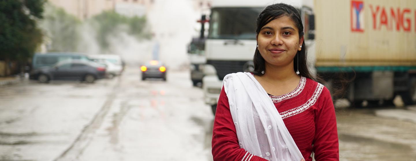 A portrait of Maya Aktar, from Bangladesh, who represents migrant workers in Jordan’s garment sector. A portrait of Maya Aktar, from Bangladesh, who represents migrant workers in Jordan’s garment sector.