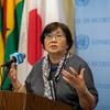 Roza Otunbayeva, Special Representative of the Secretary-General, speaks at a podium during a UN Security Council meeting in New York.