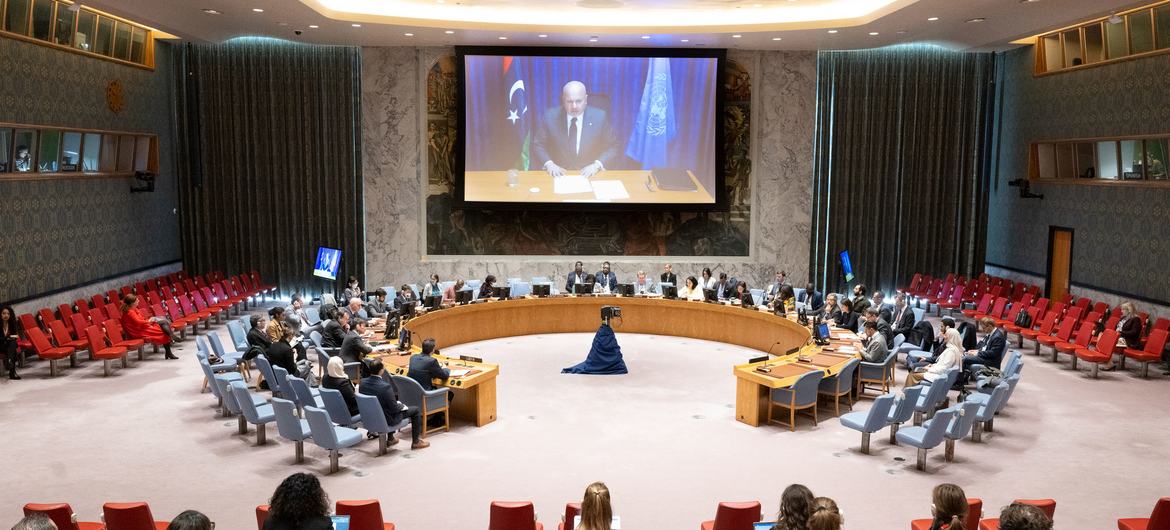 Karim Khan (on screen), Prosecutor of the International Criminal Court (ICC), summarizes the United Nations Security Council meeting on the situation in Libya.