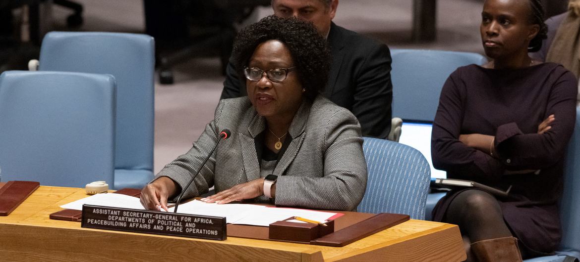 Siyasi ve Barışı İnşa İşleri ve Barış Operasyonları Departmanlarında Afrika Genel Sekreter Yardımcısı Martha Ama Akyaa Pobee, Güvenlik Konseyi toplantısını Afrika'da barış ve güvenlik konusunda bilgilendiriyor.