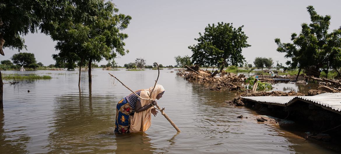 A woman wades through flood waters in Jakusko, Yobe State, Nigeria.