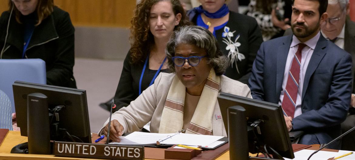 Ambassador Linda Thomas-Greenfield of the United States addresses the UN Security Council meeting on Haiti.