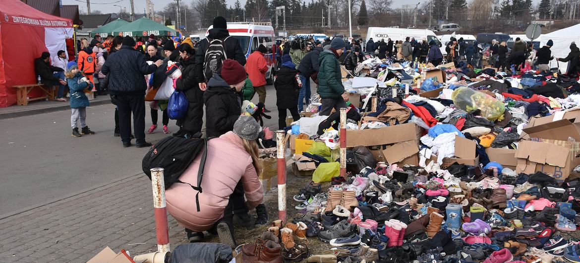 Donations of clothes, shoes, toys and other basic items provided by Polish citizens to refugees from Ukraine at the Medyka border crossing.