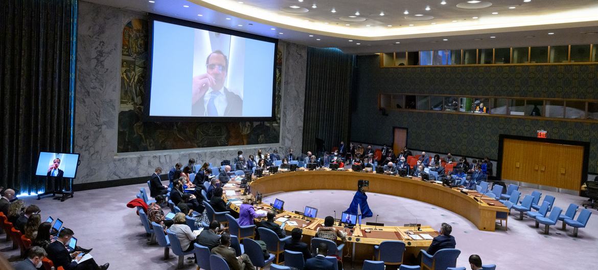 Rafael Mariano Grossi (on screen), Director General of the International Atomic Energy Agency, briefs members of the UN Security Council the situation in Ukraine. Rafael Mariano Grossi (on screen), Director General of the International Atomic Energy Agency, briefs members of the UN Security Council the situation in Ukraine.