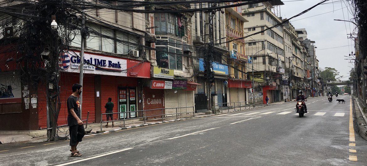 Deserted streets and closed shops during the COVID-19 lockdown in Kathmandu, Nepal.