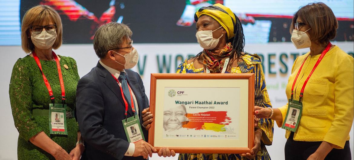 Cameroonian activist, Cécile Ndjebet, winner of the 2022 Wangari Maathai Forest Champions Award. Cameroonian activist, Cécile Ndjebet, winner of the 2022 Wangari Maathai Forest Champions Award.