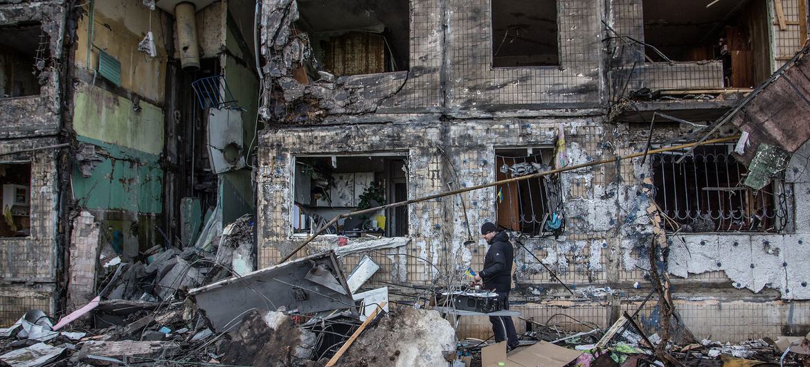 Destroyed apartment buildings after shelling in the Obolonsky district of Kyiv.