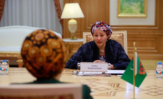Deputy Secretary-General Amina Mohammed discusses with Gulshat Mammedova, President of Mejlis of Turkmenistan, the transformative impact that female political leaders can have in their communities on the Sustainable Development Goals (SDGs).