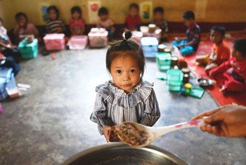 A young girl in a striped shirt at Ban Bor Primary School in Oudomxay, Lao PDR, looks at the camera as she is served a meal from a large bowl with a spoon. Other children are eating in the background.