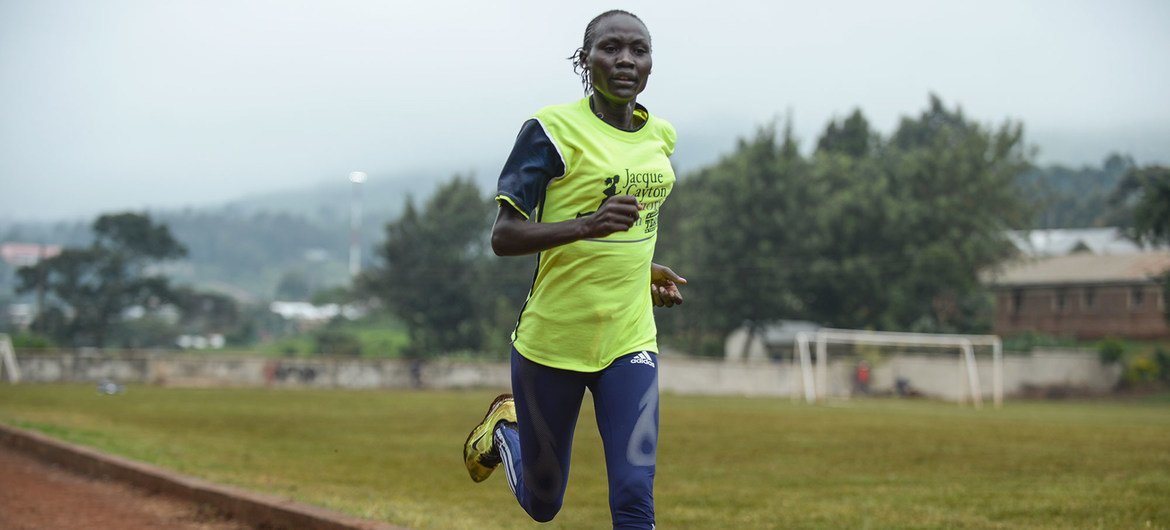 Track and field athlete and Tokyo 2020 Refugee Olympic Team member Anlelina Nadai Lohalith, originally from South Sudan, trains at a track in Nairobi. Track and field athlete and Tokyo 2020 Refugee Olympic Team member Anlelina Nadai Lohalith, originally from South Sudan, trains at a track in Nairobi.