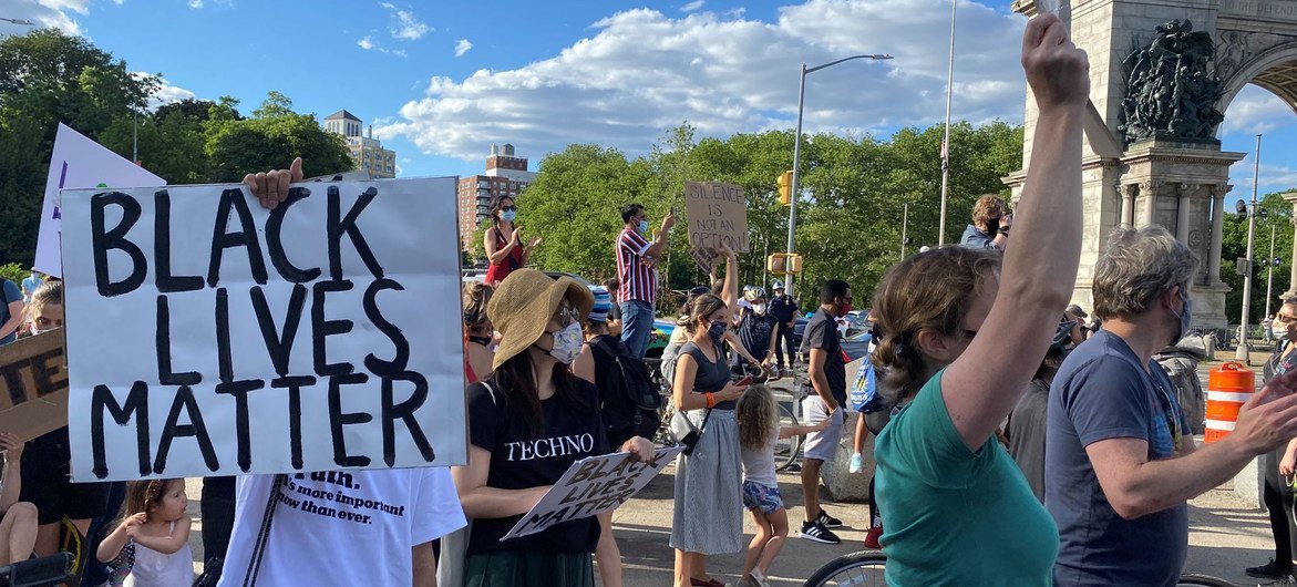 Anti-racism protesters in Brooklyn, New York, demonstrate for justice for the murder of African-American, George Floyd.