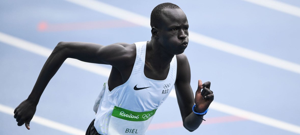 South Sudanese refugee, Yiech Pur Biel, runs the 800-metres for the Refugee Olympic Team in Rio. (August 2016) South Sudanese refugee, Yiech Pur Biel, runs the 800-metres for the Refugee Olympic Team in Rio. (August 2016)