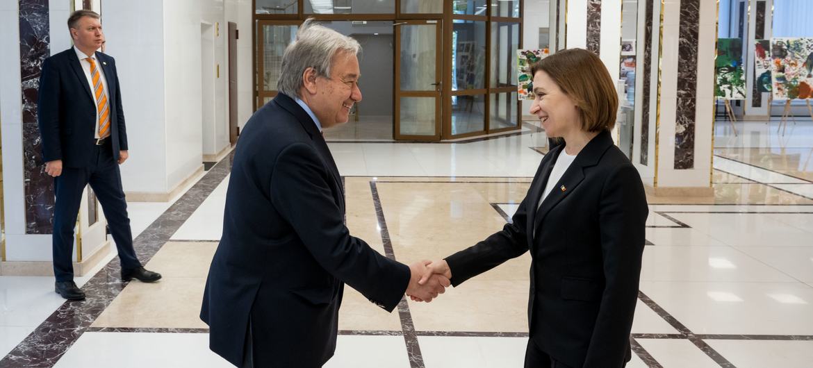 United Nations Secretary-General Antonio Guterres (left) greets Maya Sandu, President of the Republic of Moldova.