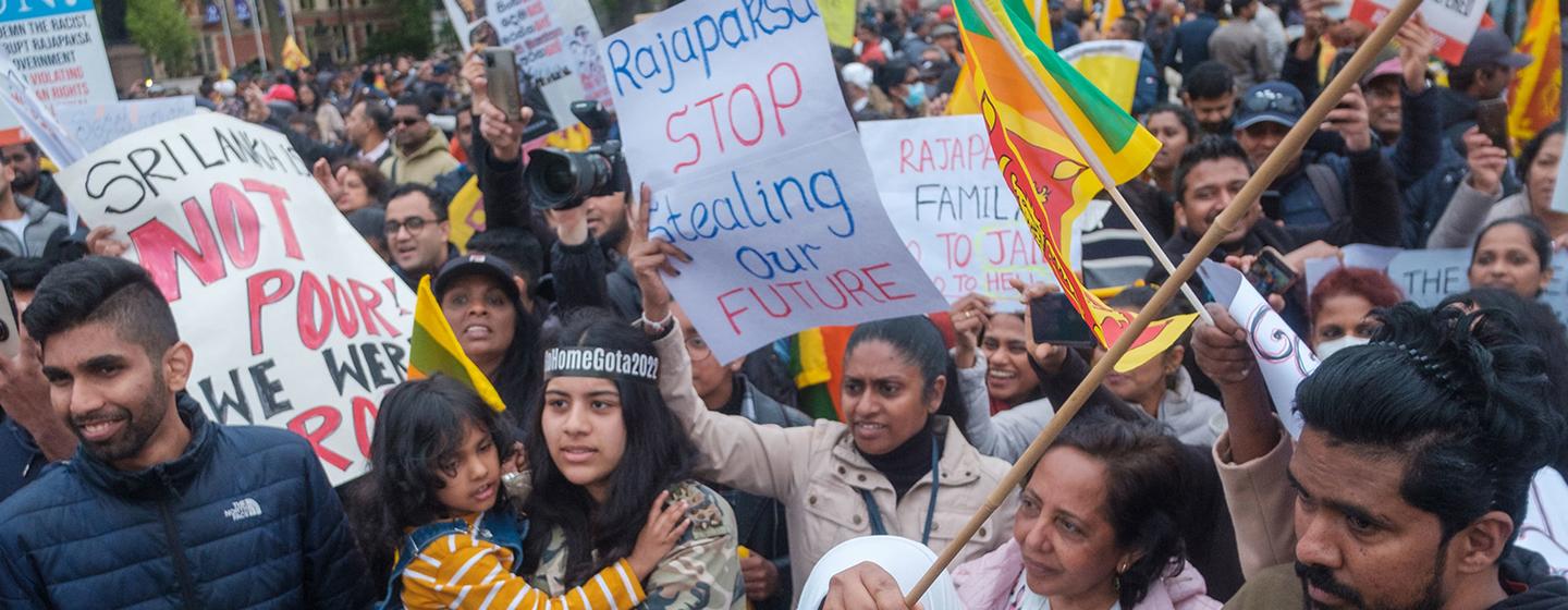 Demonstrators voice their grievances against the Sri Lankan government at a protest in London, UK in May 2022. Demonstrators voice their grievances against the Sri Lankan government at a protest in London, UK in May 2022.