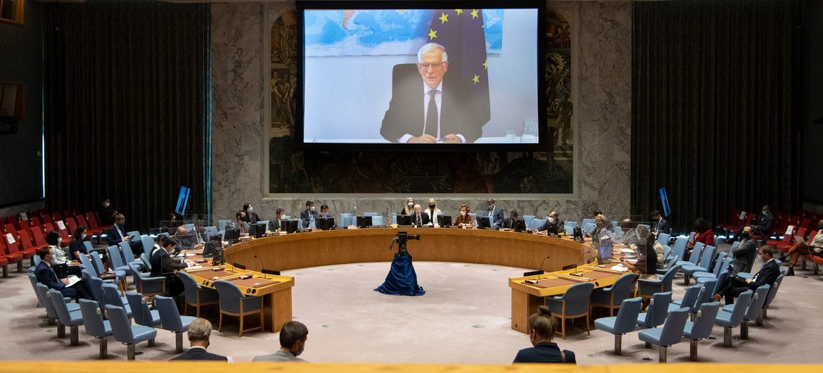 Security Council meets on Cooperation between the UN and the European Union in maintaining international peace and security. On screen is Josep Borrell, High Representative of the EU for Foreign Affairs and Security Policy.
