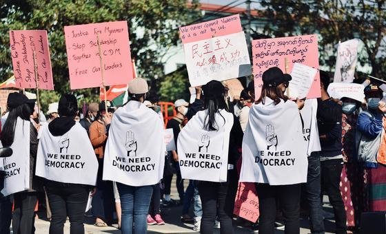 Young people take part in a pro-democracy demonstration in Myanmar. Young people take part in a pro-democracy demonstration in Myanmar.