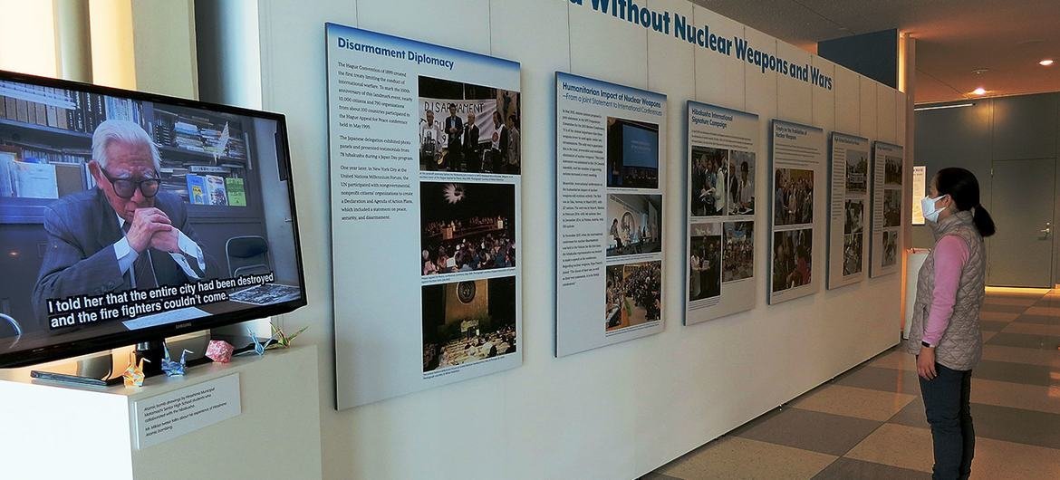 Visitor at UN Headquarters in New York viewing the disarmament exhibit Visitor at UN Headquarters in New York viewing the disarmament exhibit