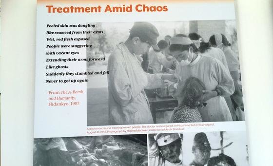 Photograph in nuclear disarmament exhibition of an atomic bomb survivor being treated. Photograph in nuclear disarmament exhibition of an atomic bomb survivor being treated.