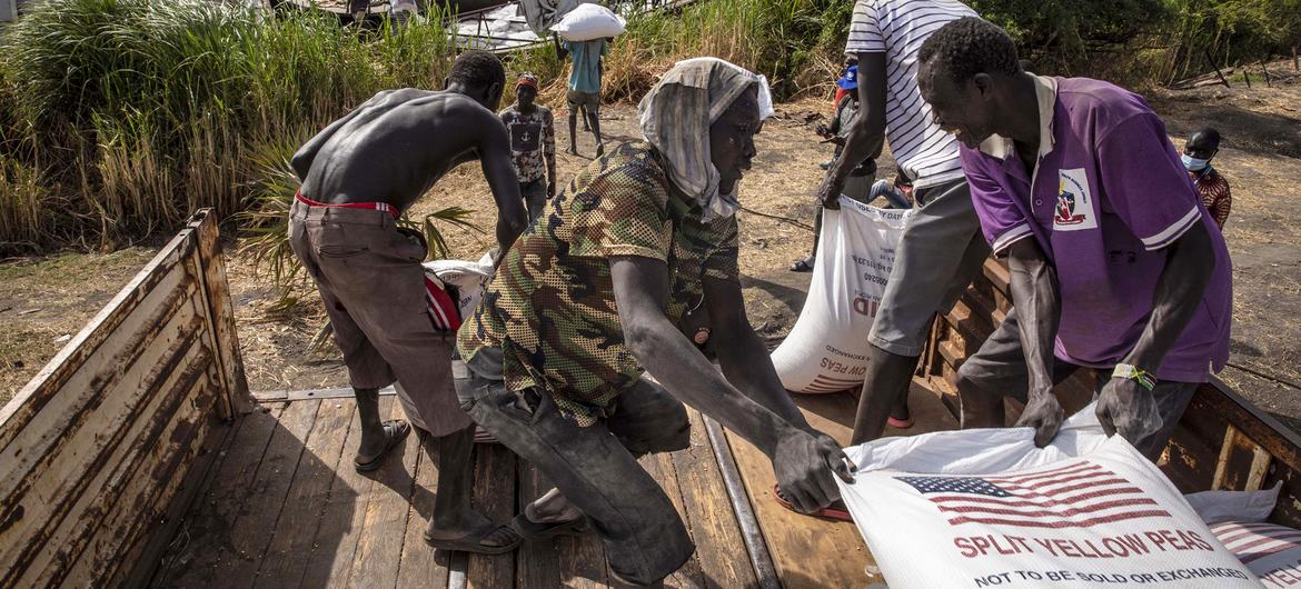 Sacks of split peas are transported to Jonglei State via the White Nile River in South Sudan. Sacks of split peas are transported to Jonglei State via the White Nile River in South Sudan.