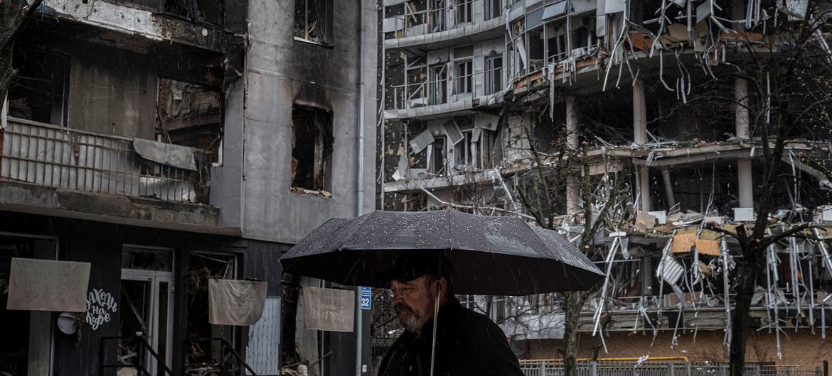 A man walks past destroyed apartment buildings in Kharkiv, Ukraine A man walks past destroyed apartment buildings in Kharkiv, Ukraine