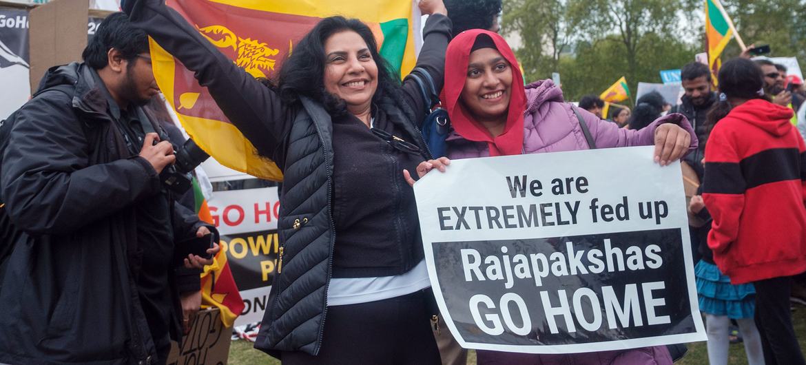 Demonstrators voice their grievances against the Sri Lankan government at a protest in London in May 2022.