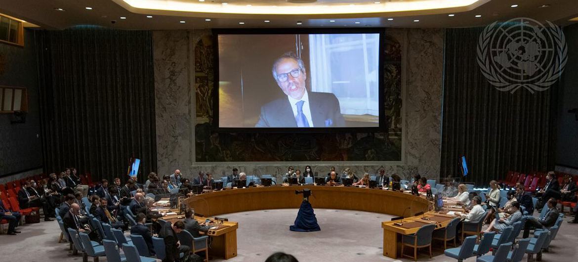 Rafael Mariano Grossi (on screen), Director General of the International Atomic Energy Agency (IAEA), addresses the Security Council on threats to international peace and security. Rafael Mariano Grossi (on screen), Director General of the International Atomic Energy Agency (IAEA), addresses the Security Council on threats to international peace and security.