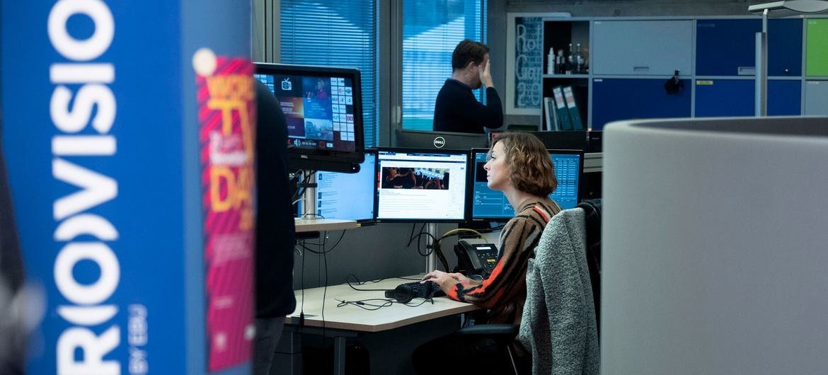 A European Broadcasting Union staff member at work at their headquarters in Geneva, Switzerland. A European Broadcasting Union staff member at work at their headquarters in Geneva, Switzerland.