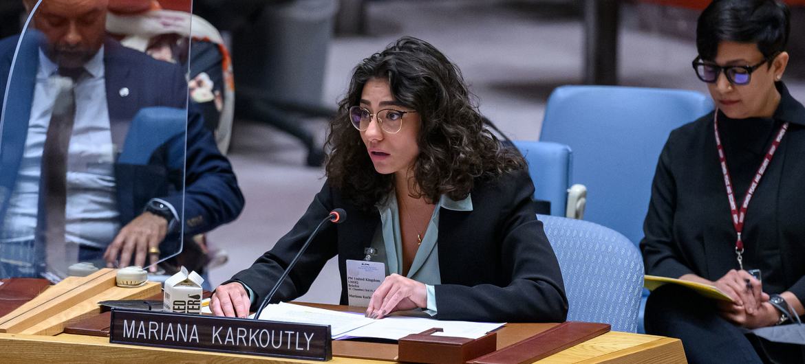 Mariana Karkoutly, Co-Founder of Huquqyat, briefs UN Security Council meeting on women and peace and security.