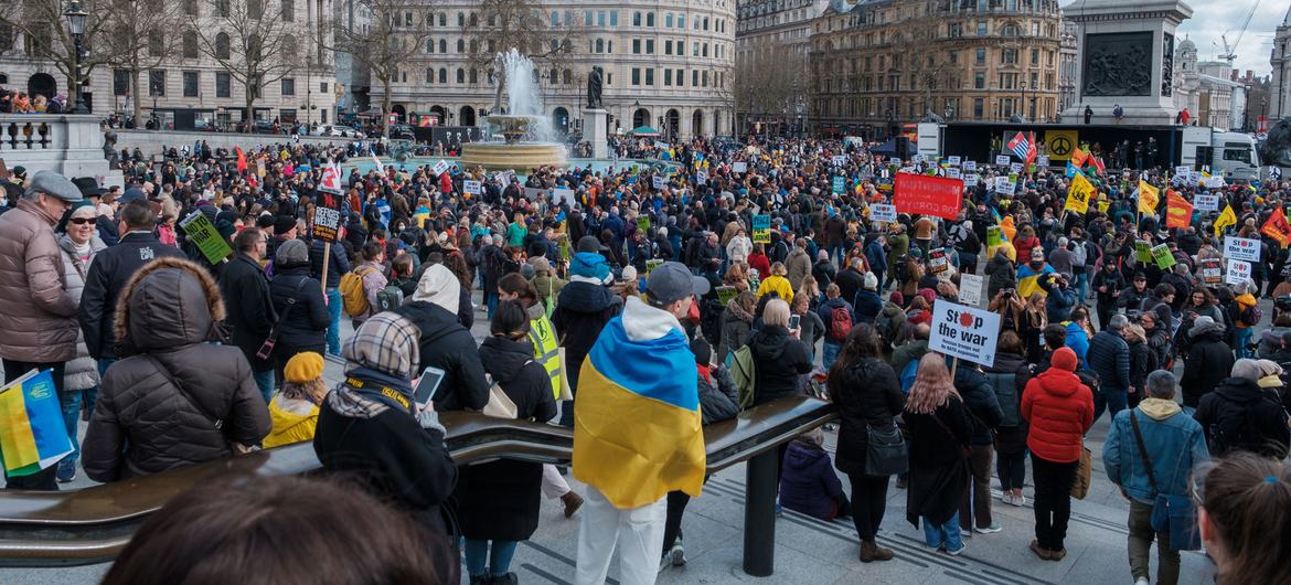 Demonstrations in support of Ukraine have taken place in numerous places in London, including in Trafalgar Square. Demonstrations in support of Ukraine have taken place in numerous places in London, including in Trafalgar Square.