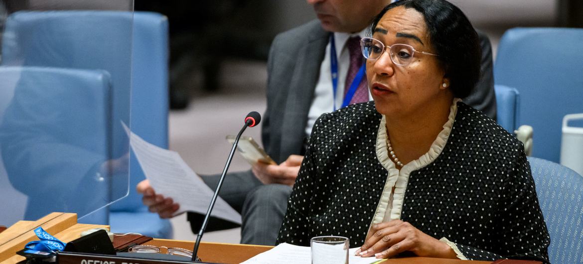 Ghada Mudawi, Acting Director of Operations and Advocacy for the United Nations Office for the Coordination of Humanitarian Affairs (OCHA), speaking at a Security Council meeting on the situation in Yemen.