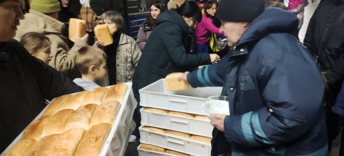 Distribution of bread inside a metro station in Kharkiv, Ukraine.