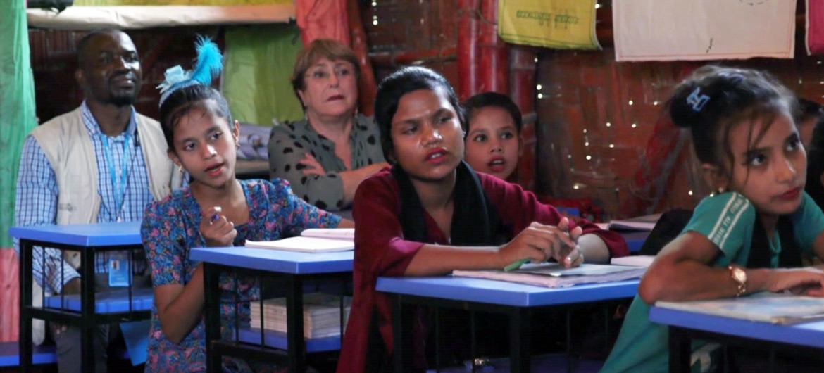During her trip to Bangladesh, UN High Commissioner for Human Rights Michelle Bachelet visits Rohingya students in Cox's Bazar. During her trip to Bangladesh, UN High Commissioner for Human Rights Michelle Bachelet visits Rohingya students in Cox's Bazar.