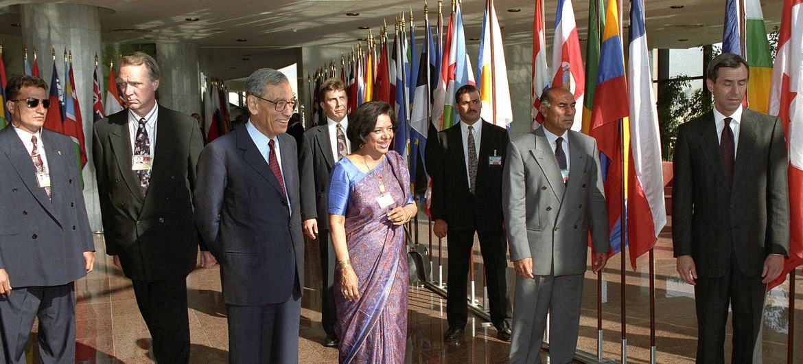 Nafis Sadik walks with Secretary-General Boutros Boutros-Ghali at the International Conference on Population and Development in Cairo, Egypt, 1994. Nafis Sadik walks with Secretary-General Boutros Boutros-Ghali at the International Conference on Population and Development in Cairo, Egypt, 1994.