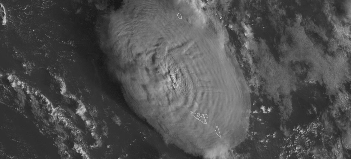 A satellite image shows the eruption of the Hunga Tonga-Hunga Ha'apai volcano in the South Pacific Kingdom of Tonga. A satellite image shows the eruption of the Hunga Tonga-Hunga Ha'apai volcano in the South Pacific Kingdom of Tonga.