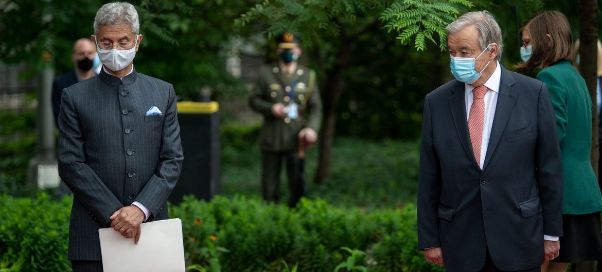 United Nations Secretary-General António Guterres (right) joins Subrahmanyam Jaishankar, External Affairs Minister of India, at a ceremony at the New York Headquarters of the UN to recognize the service of peacekeepers. United Nations Secretary-General António Guterres (right) joins Subrahmanyam Jaishankar, External Affairs Minister of India, at a ceremony at the New York Headquarters of the UN to recognize the service of peacekeepers.