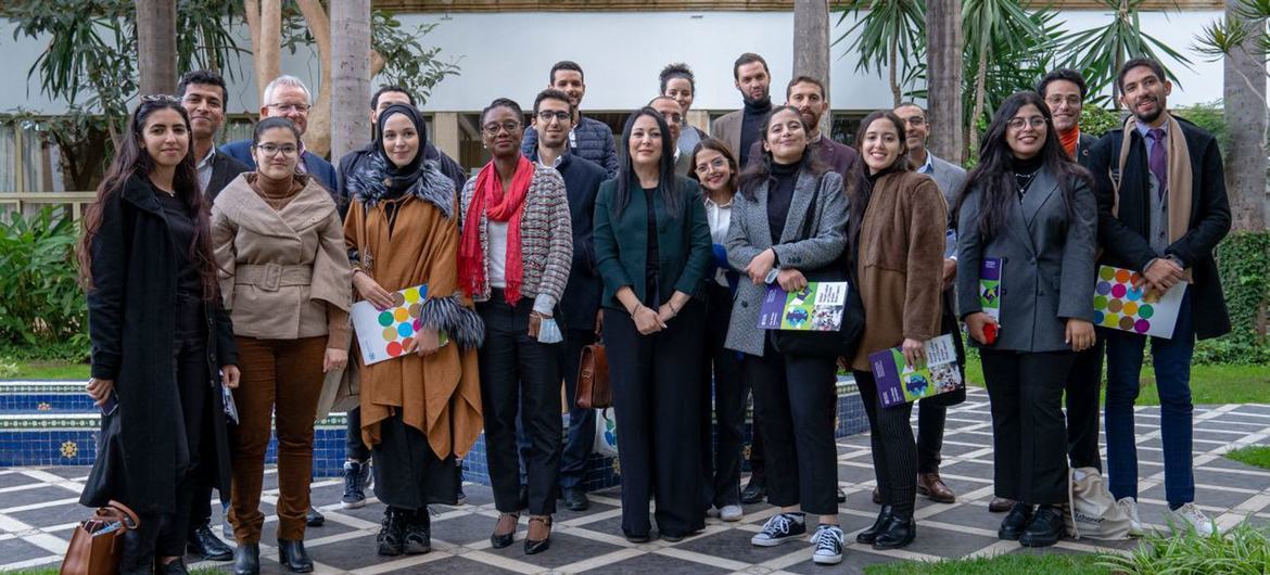 Young Moroccan climate activists and entrepreneurs are taking a group photo with Sylvia Lopez-Ekra in Morocco. Young Moroccan climate activists and entrepreneurs are taking a group photo with Sylvia Lopez-Ekra in Morocco.