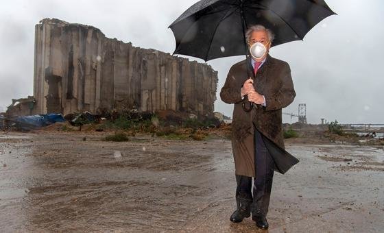 UN Secretary-General António Guterres visits the site of last year's port explosion in Beirut, Lebanon. UN Secretary-General António Guterres visits the site of last year's port explosion in Beirut, Lebanon.