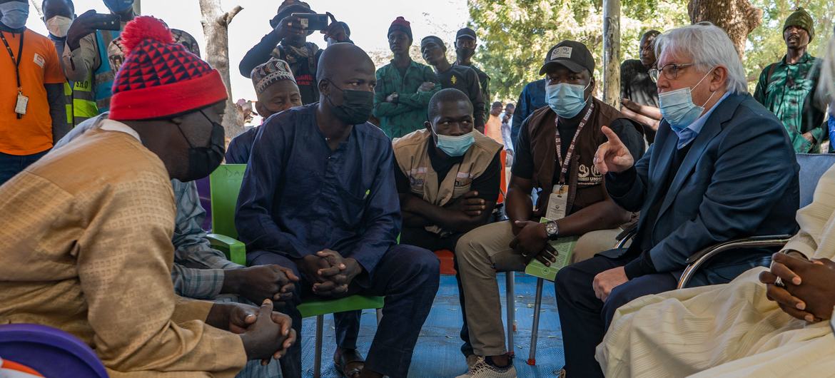The Under-Secretary-General for Humanitarian Affairs and Emergency Relief Coordinator, Martin Griffiths, speaks with internally displaced peeople in North East Nigeria. The Under-Secretary-General for Humanitarian Affairs and Emergency Relief Coordinator, Martin Griffiths, speaks with internally displaced peeople in North East Nigeria.