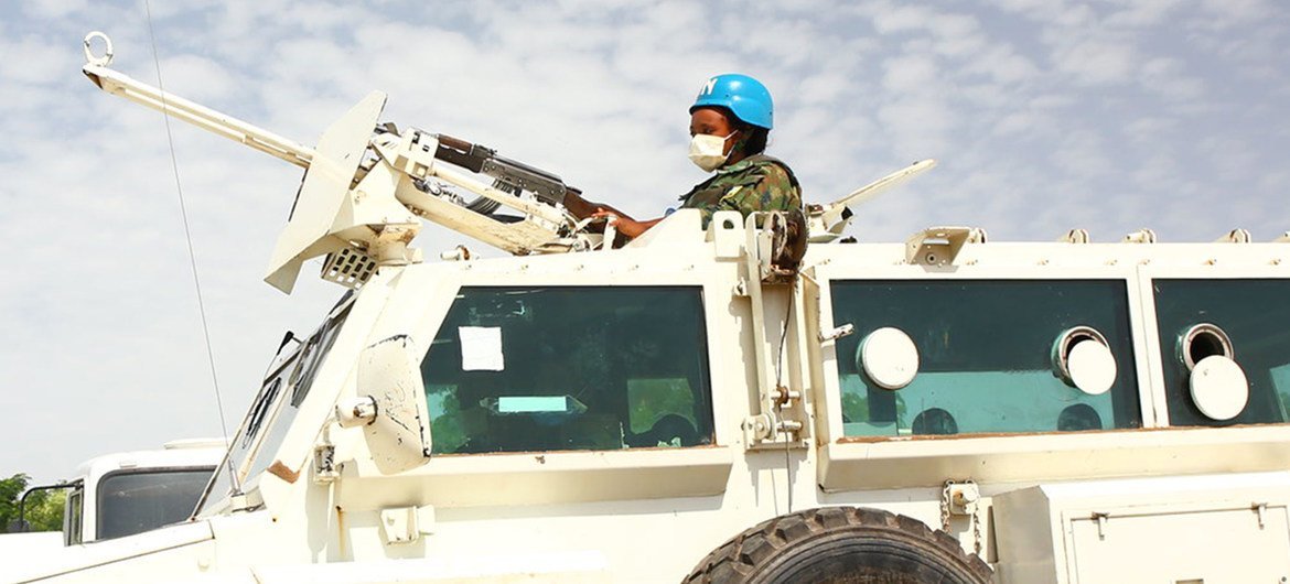 A woman UN peacekeeper attends a training exercise in Malakal, South Sudan. A woman UN peacekeeper attends a training exercise in Malakal, South Sudan.