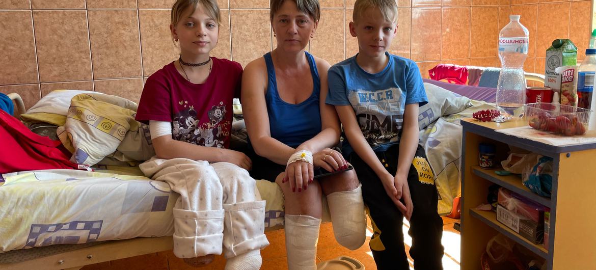 The mother and her 11-year-old twins were among the many injured in the tragedy at the Kramatorsk railway station in Ukraine, when a rocket hit hundreds of people fleeing the conflict.