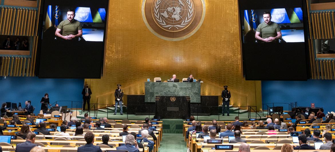 President Volodymyr Zelenskyy (on screen) of Ukraine addresses the general debate of the General Assembly’s seventy-seventh session. President Volodymyr Zelenskyy (on screen) of Ukraine addresses the general debate of the General Assembly’s seventy-seventh session.