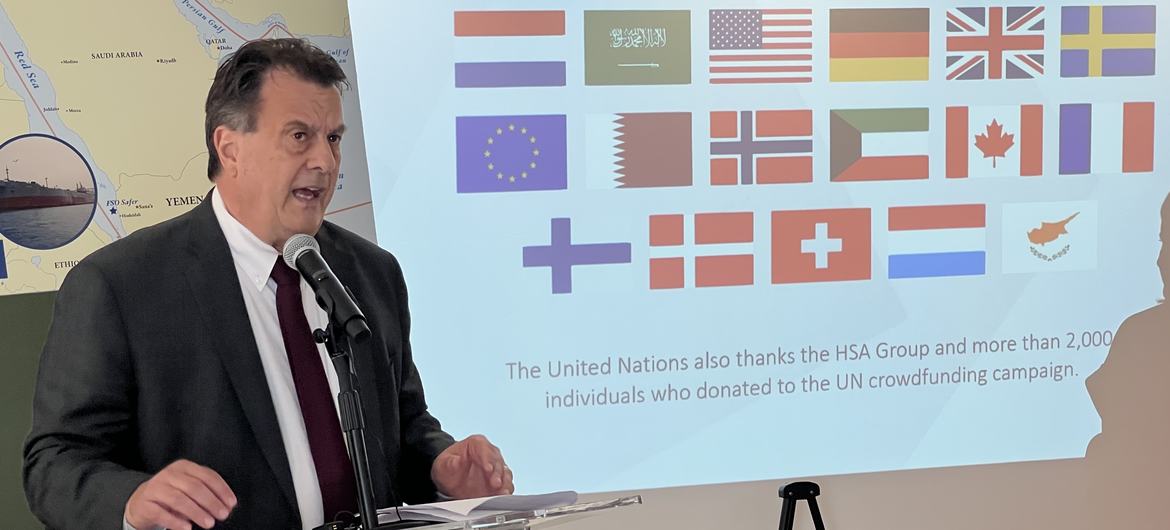 BM Mukim ve Yemen İnsani Yardım Koordinatörü David Gressly, 21 Eylül 2022'de Hollanda'nın Birleşmiş Milletler Misyonu'nda Genel Kurul Üst Düzey Haftası sırasında petrol tankeri FSO Safer rehin etkinliğinde konuşuyor
