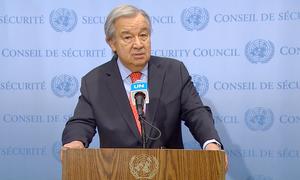 The UN Secretary-General António Guterres, addresses journalists at UN Headquarters in New York on Ukraine. 