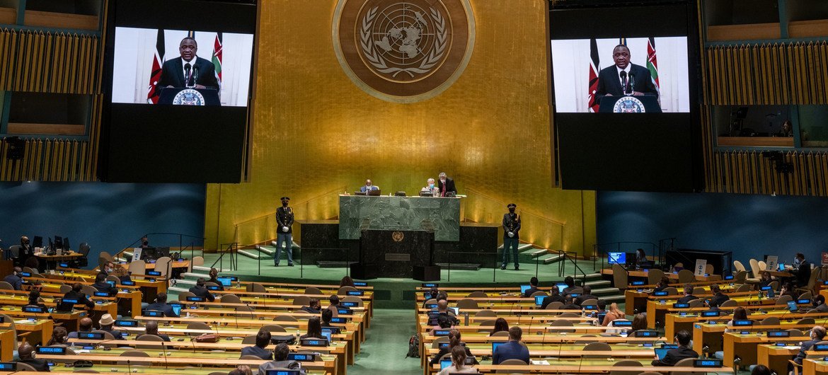 President Uhuru Kenyatta (on screens) of Kenya addresses the general debate of the UN General Assembly’s 76th session. President Uhuru Kenyatta (on screens) of Kenya addresses the general debate of the UN General Assembly’s 76th session.